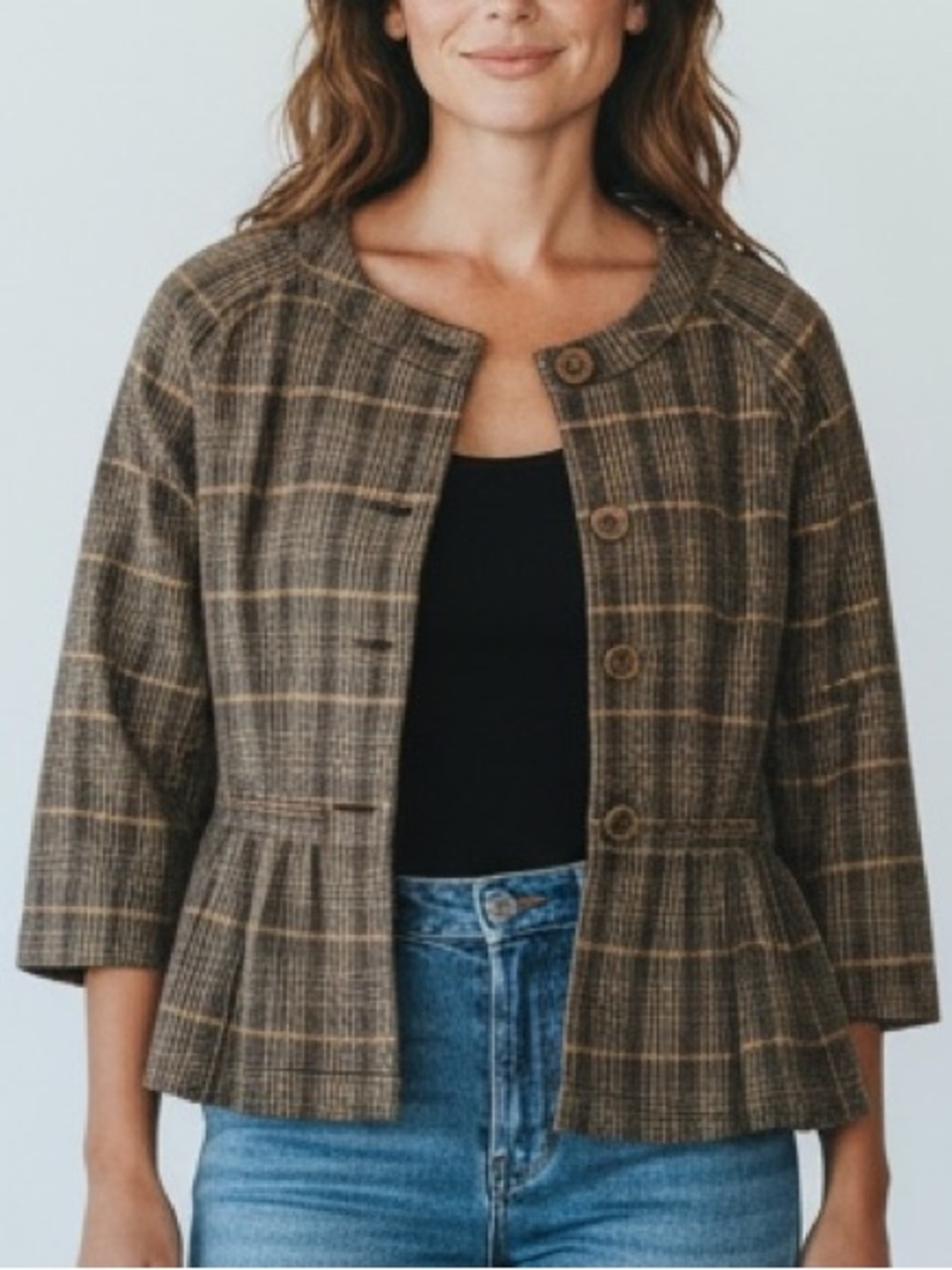 Chadwick's Plaid Peplum 3/4 Sleeve Blazer Collarless Size 4